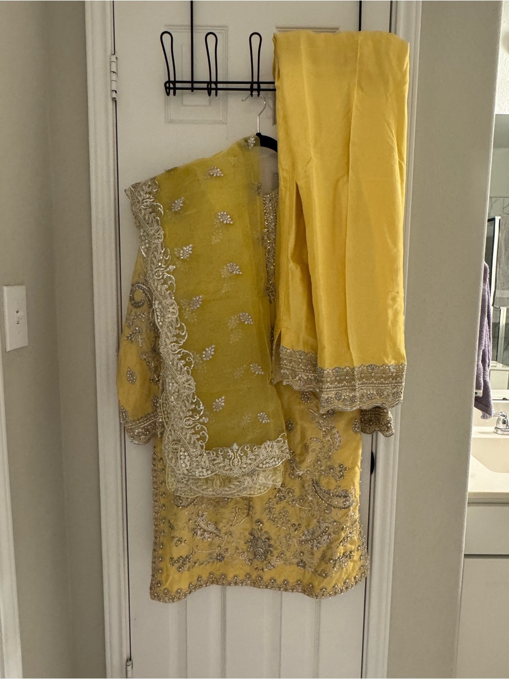 Girls Yellow Embellished Party Dress with Silver Lace Trim